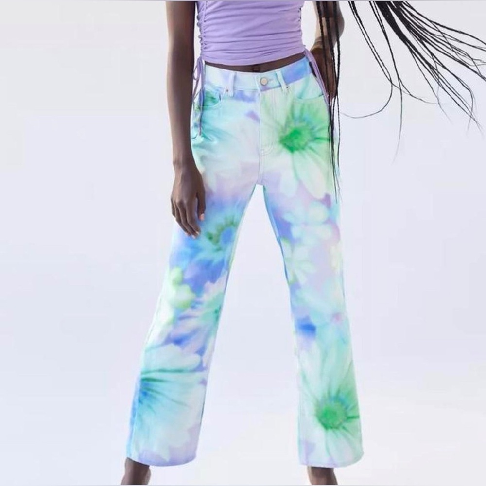 BDG High-Waisted Cowboy Jeans Floral Multicolor Tie-Dye Straight Leg Size 24